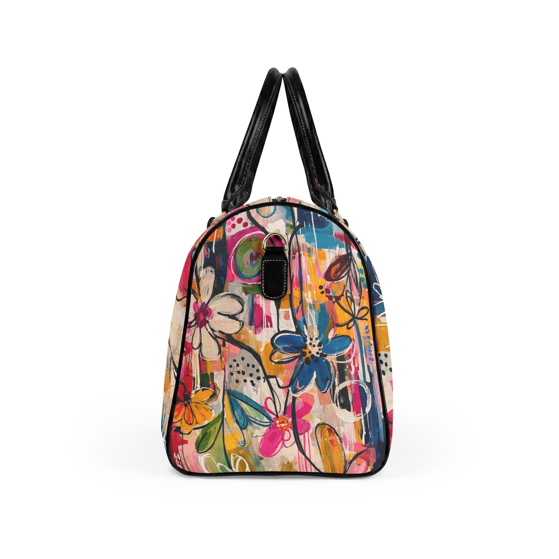 Colorful floral-patterned handbag with black handles on a white background
