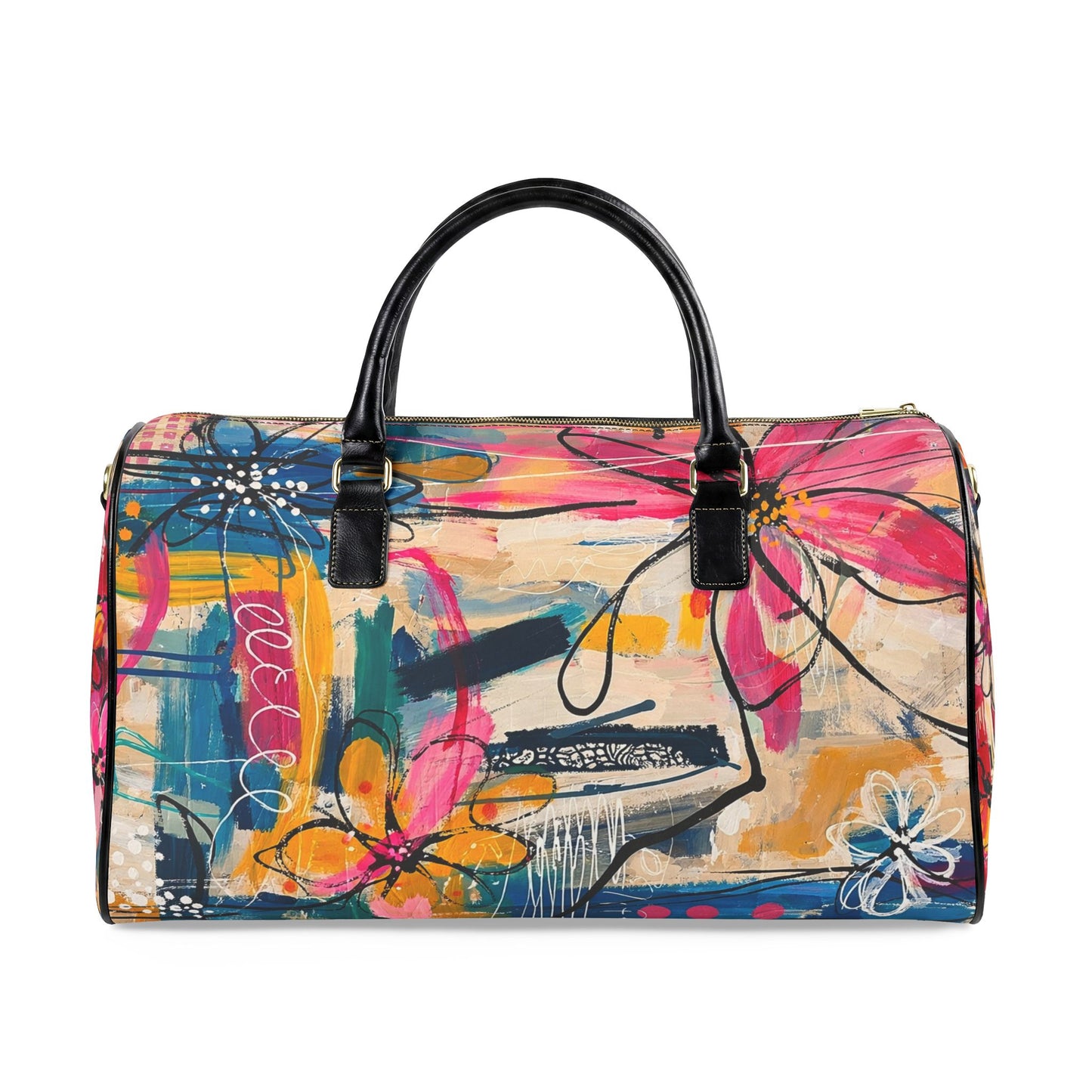 Colorful floral-patterned handbag with black handles on a white background